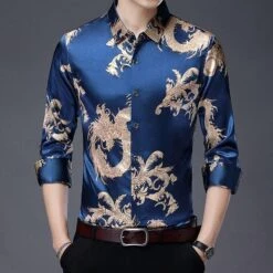 Dragon Print Men Satin Silk Shirt
