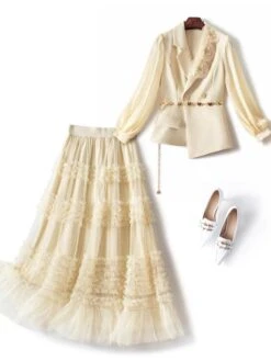 Elegant Outfit Set - Top And Mesh Skirt