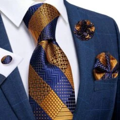 Gold Blue Striped Silk Necktie Set