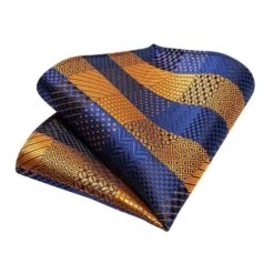 Gold Blue Striped Silk Necktie Set -Rocka Style gold blue striped silk necktie set necktie lestyleparfait 7