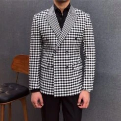 Men Blazer - Checked Black-White Blazer