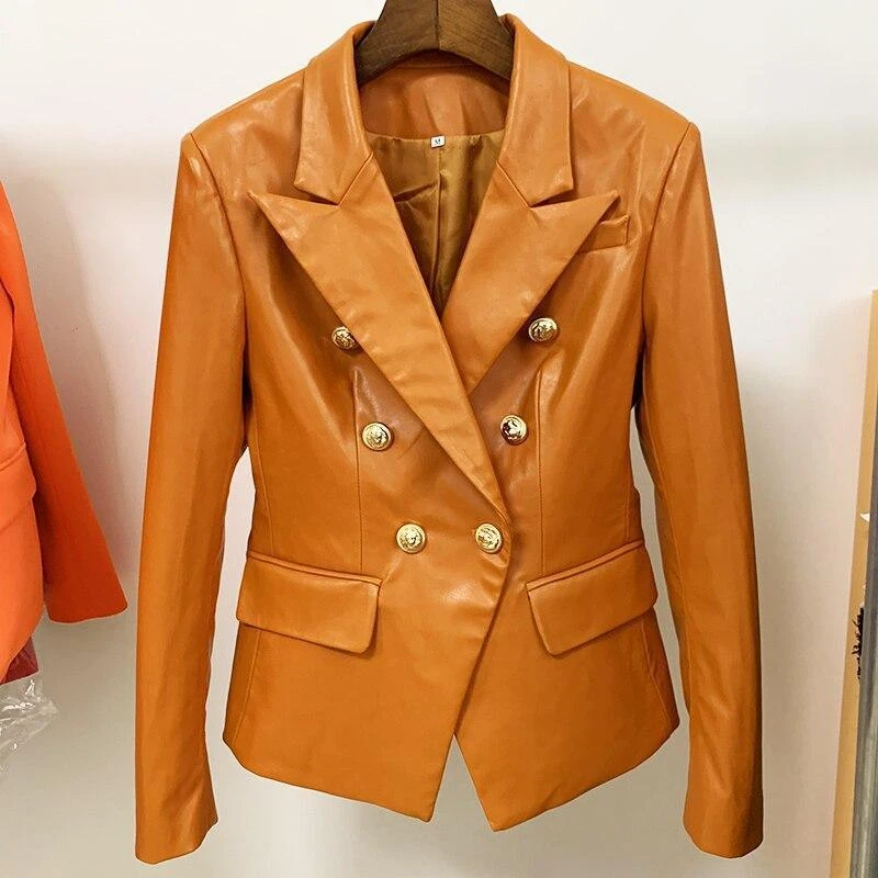 Orange Leather Blazer Women - Formal-Business - Plain-Solid 4 Orange Leather Blazer Women - Formal-Business - Plain-Solid - Image 4